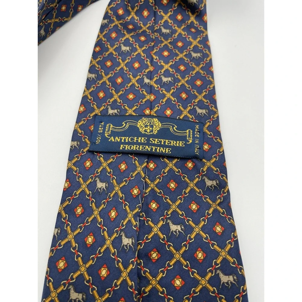 Antiche Seterie Fiorentine Silk Tie Navy Blue Equestrian Horse Chain Italy